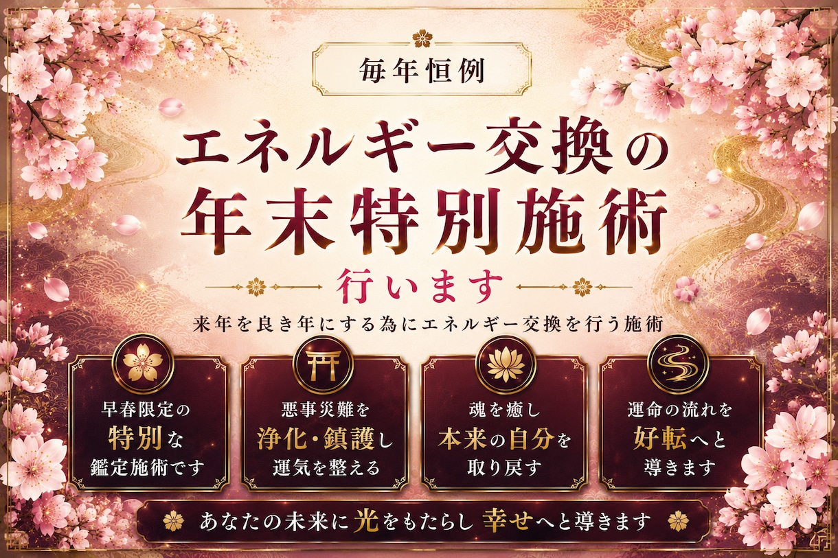 毎年恒例年末までの特別鑑定施術行います 来年を良き年にする為にエネルギー交換を行う施術 イメージ1