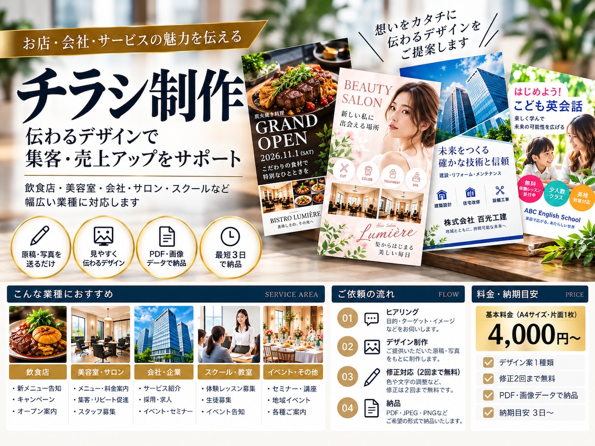 お店や会社のチラシをプロ仕様で制作します 飲食店・企業など幅広く対応！修正2回無料・最短3日納品 イメージ1