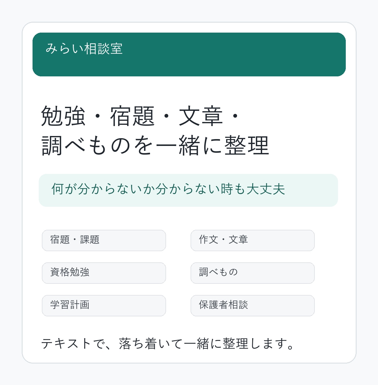 勉強・宿題・文章・調べものを一緒に整理します 何が分からないか分からない状態から一緒にほどきます イメージ1