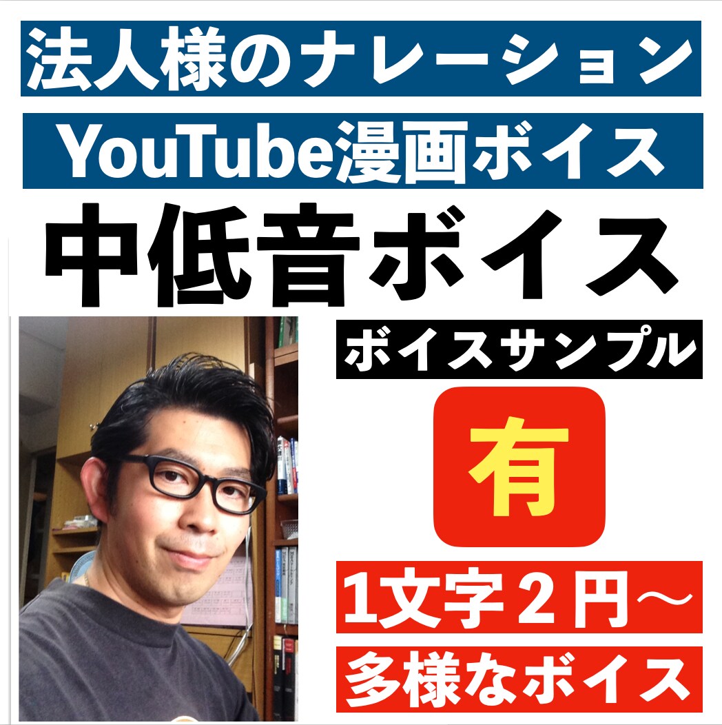 中低音の魅力あふれるナレーション/キャラボできます ❶丁寧に制作します　❷1文字２円　❸多様なキャラボイス可能 イメージ1