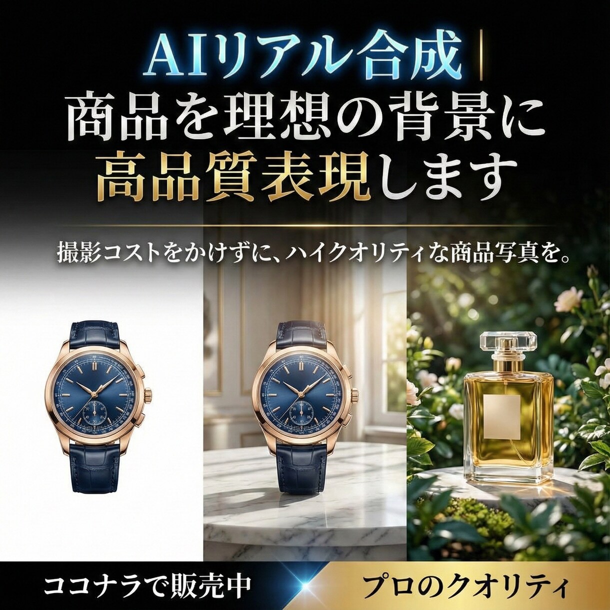 AIリアル合成｜商品を理想の背景に高品質表現します 撮影コストをかけずに、ハイクオリティな商品写真を。 イメージ1