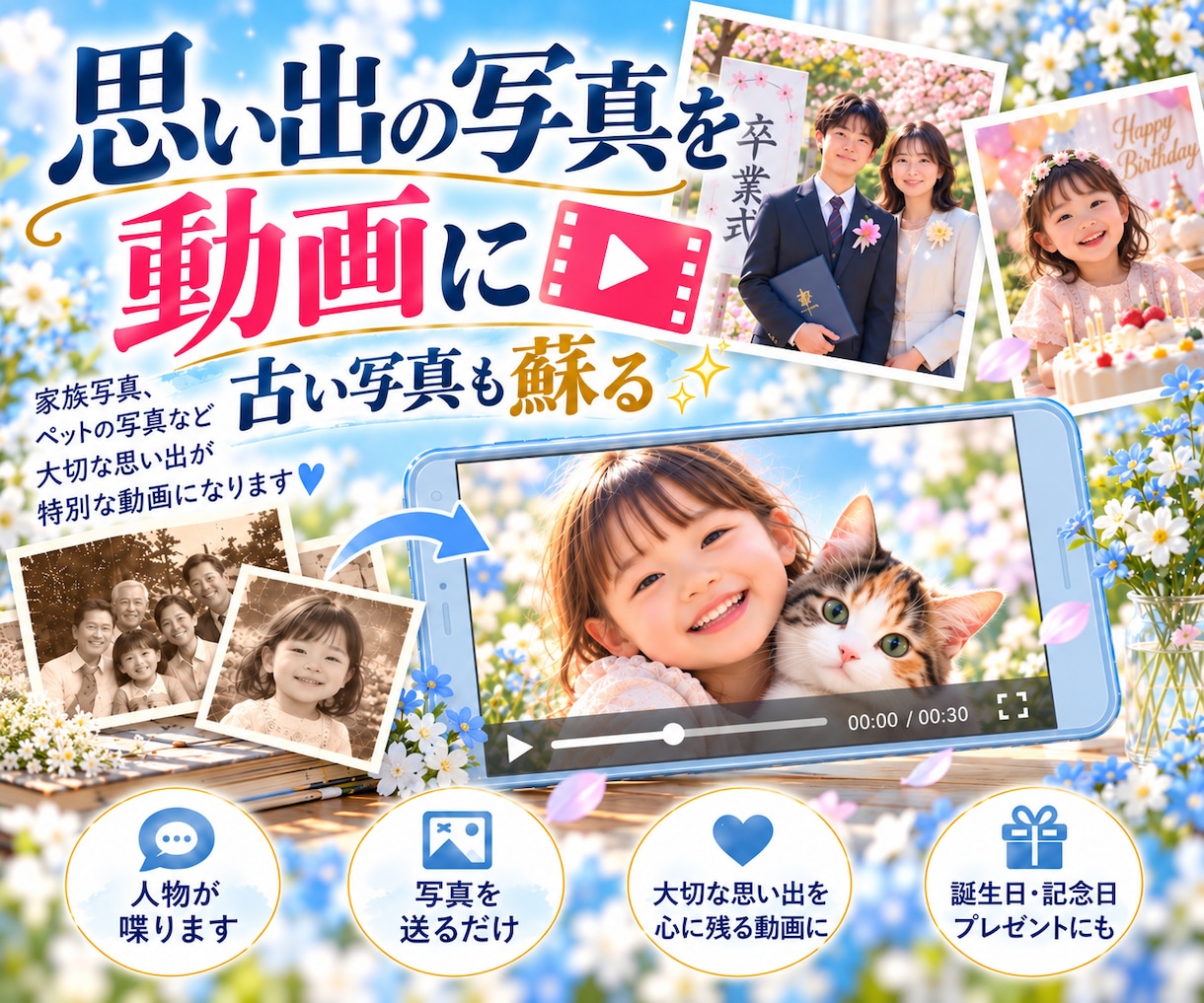 大切な思い出の写真を喋る動画にします 家族・ペット・古い写真に、もう一度いのちを イメージ1