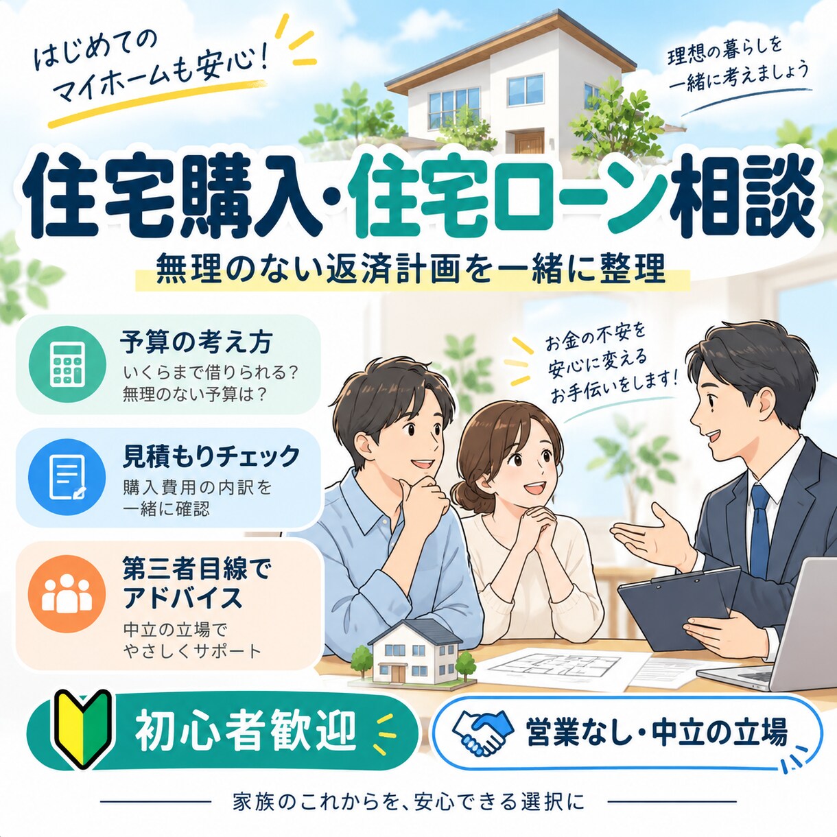 住宅購入の不安と資金計画を整理しますます 売る側ではなく、買う側の目線で住宅購入を一緒に考えます イメージ1