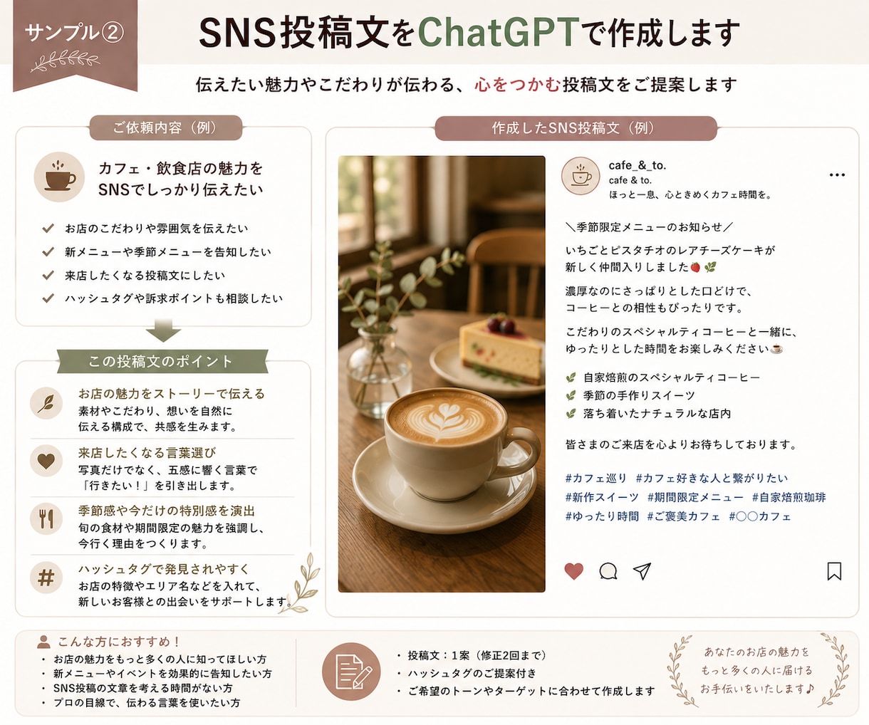 SNS投稿文をChatGPTで作成します 「何を書けばいい？」を解決。読みやすい投稿文を作成します イメージ3