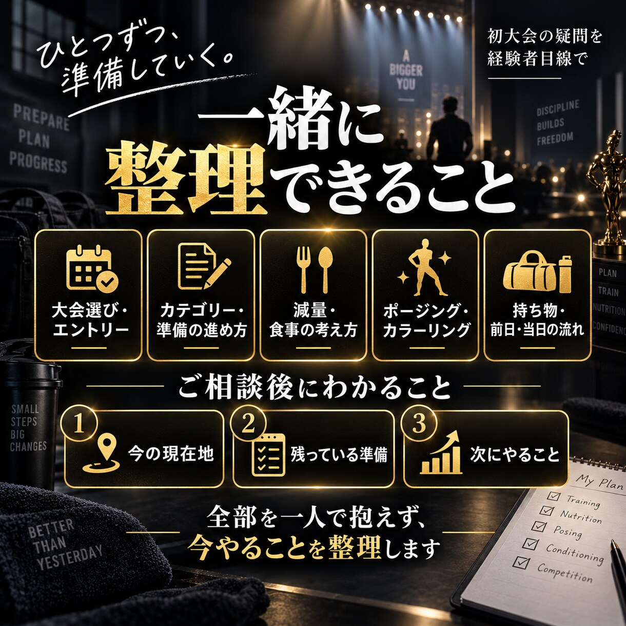 初めての大会出場の不安を一緒に整理します トレーナーなしで大会出場した経験から疑問に答えます イメージ3