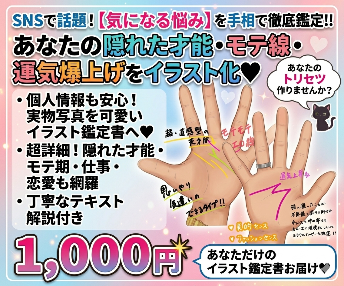 SNSで話題の可愛い手相占いします あなただけの「イラスト鑑定書」お届けします◆ テキスト付き イメージ1