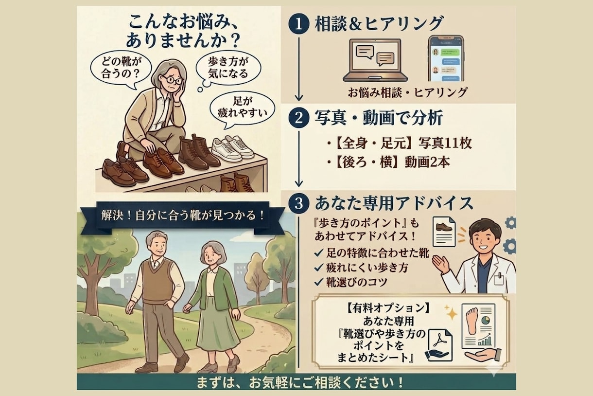 理学療法士が客観分析！お客様に合う靴選びを支えます 5〜7往復で安心！姿勢や足元の特徴から合う靴を分析します。 イメージ2