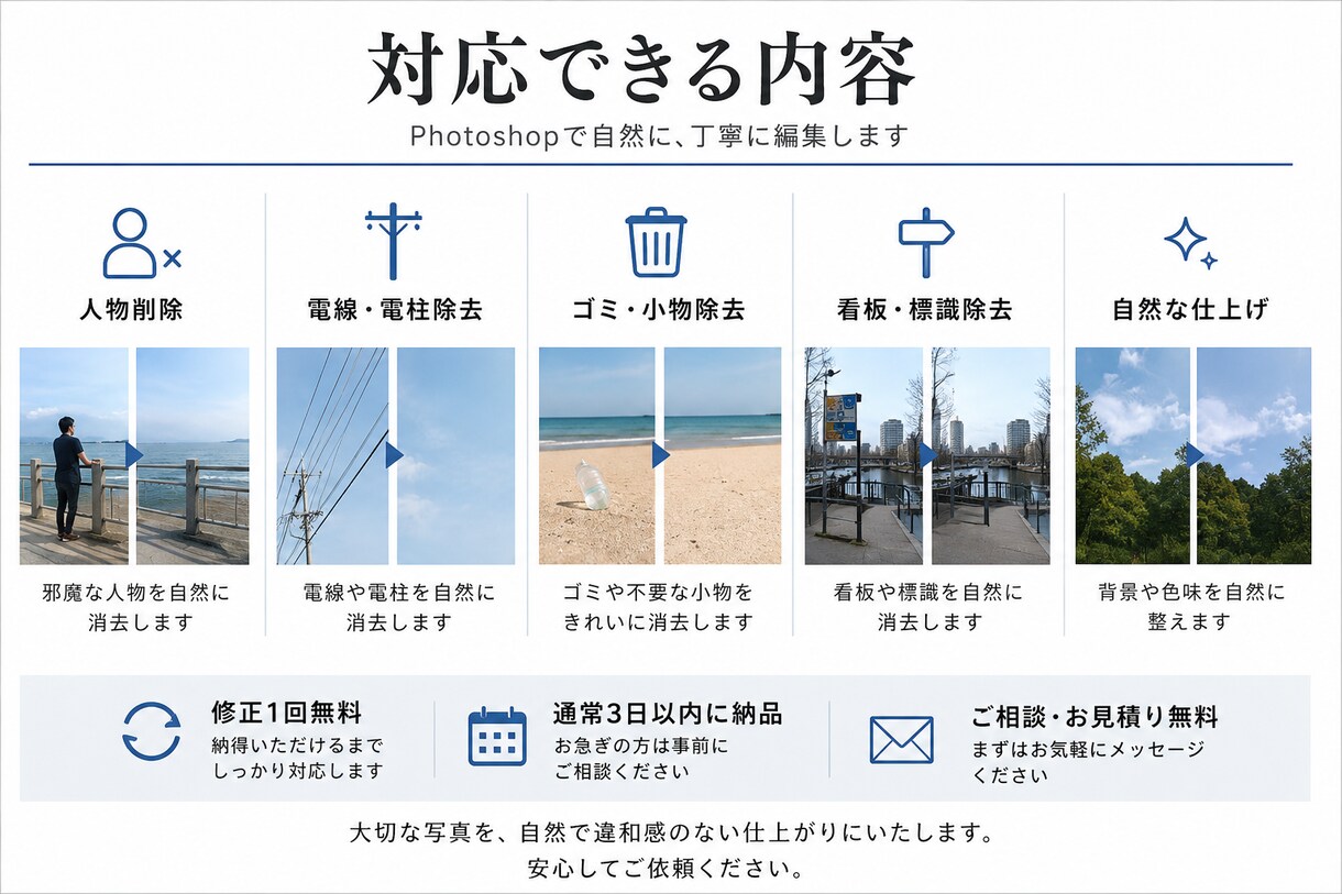Photoshopで写真の不要物を自然に削除します 違和感のない自然な仕上がりで大切な写真を編集します。 イメージ5