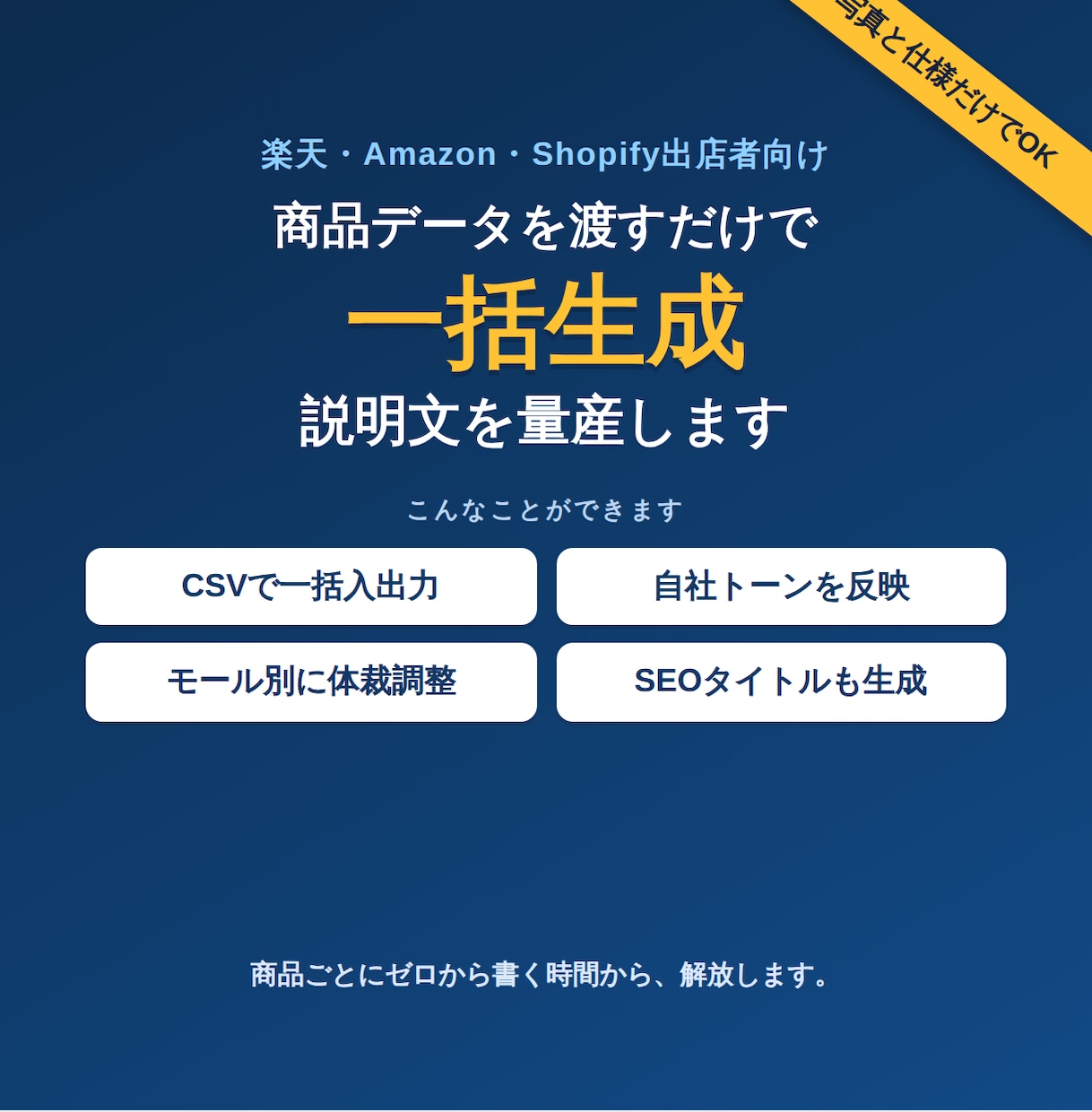 EC商品の説明文をAIで一括生成します 写真と仕様を渡すだけで説明文を量産します イメージ1