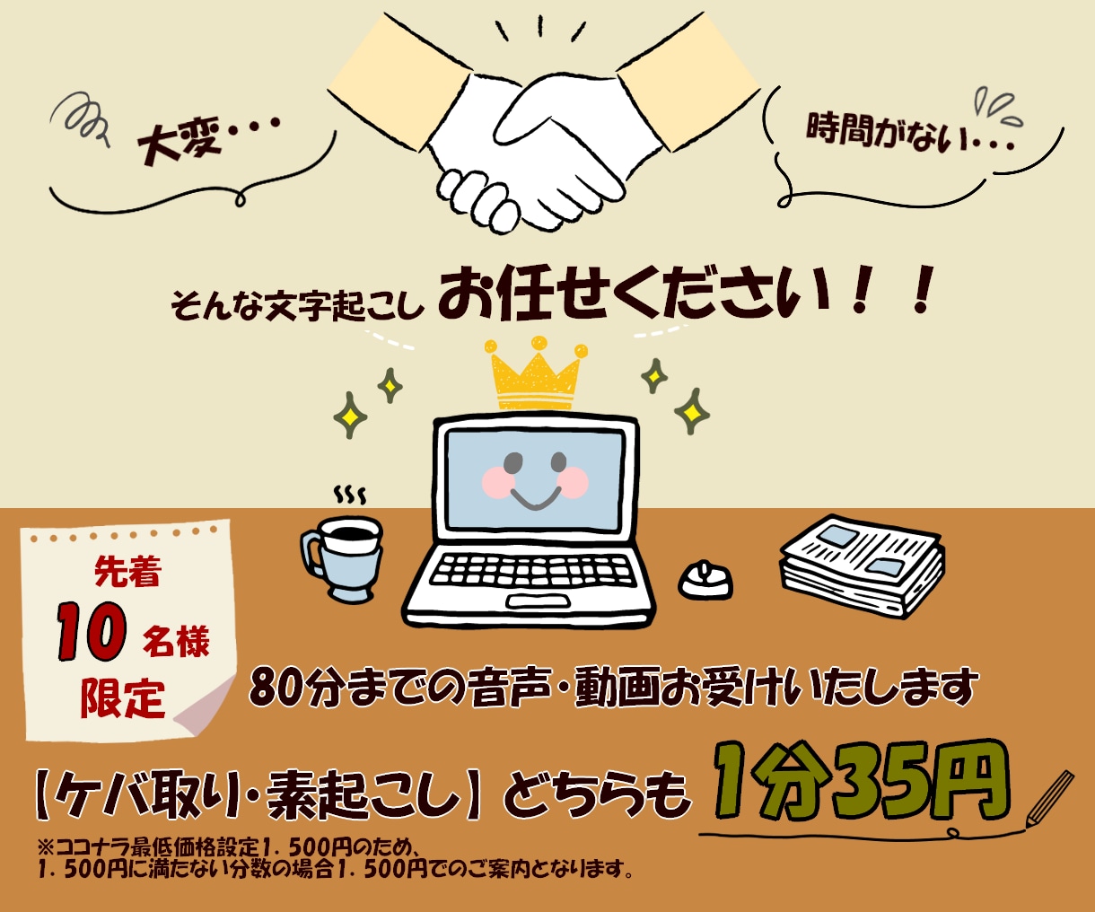 先着10名様【1分35円】にて文字起こしいたします 80分までの音声・動画お受けいたします！ イメージ1