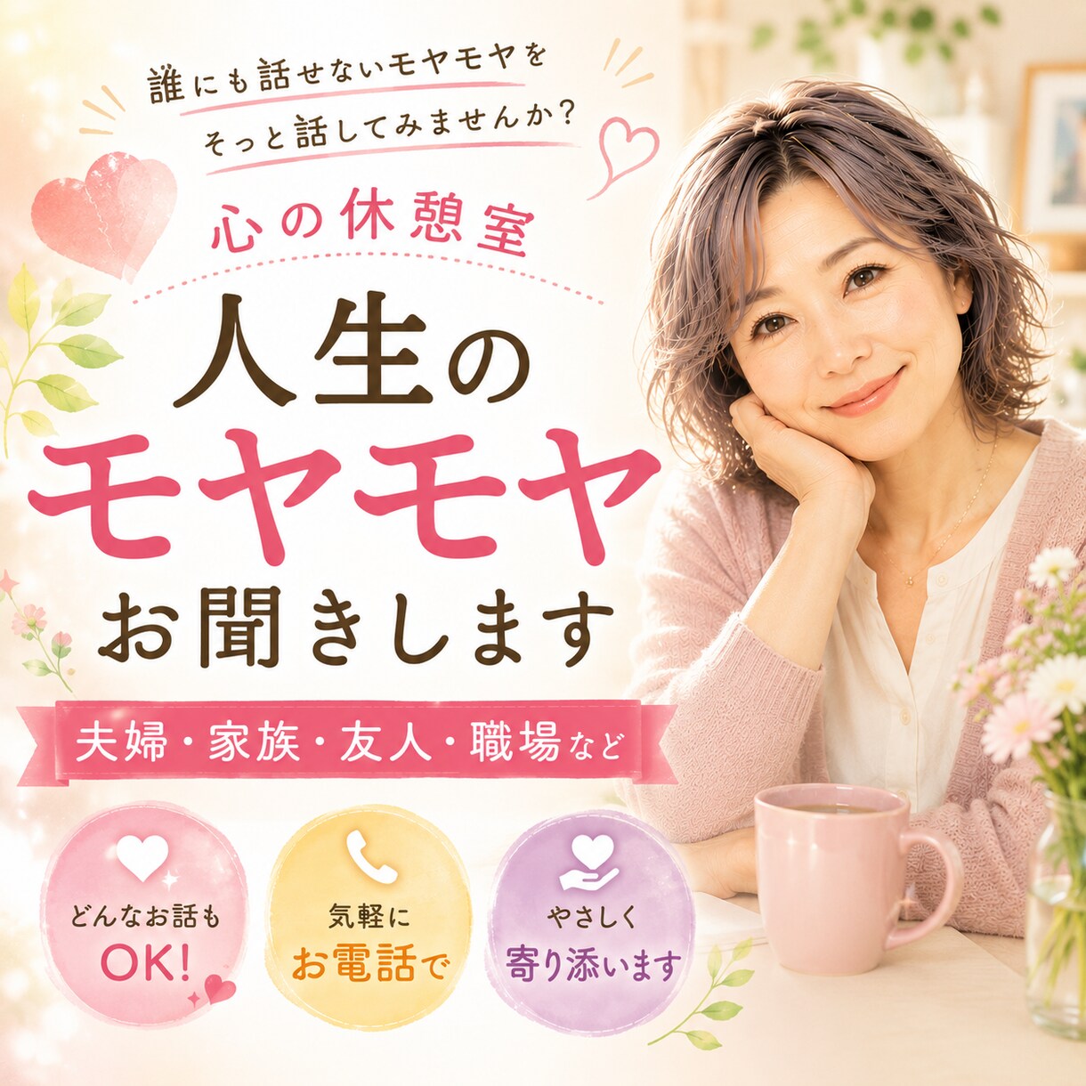 がんばってきた女性の方へ心の休憩室でお待ちしてます 夫婦・家族・友人・職場など人生のモヤモヤをお聞きします イメージ2