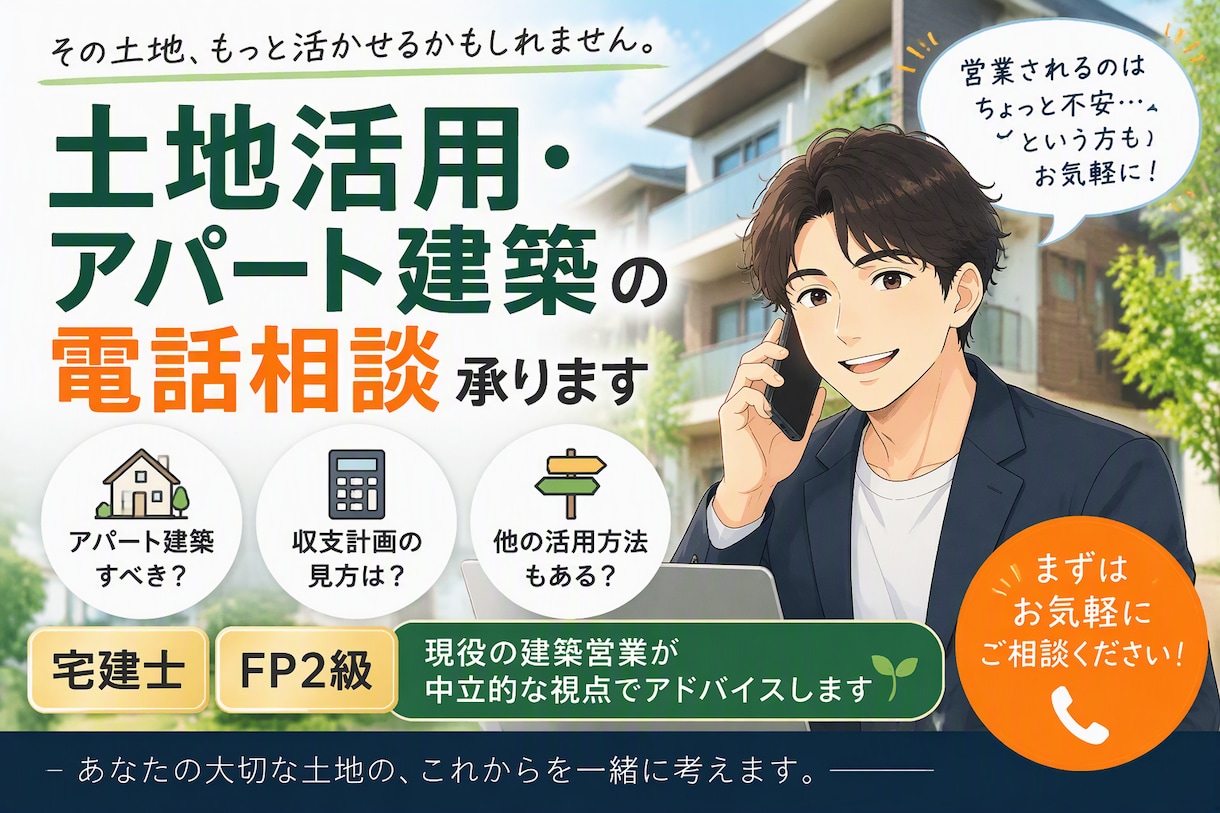 土地活用やアパート建築の相談に乗ります 現役建築営業の宅建士・FPが優しくお答えします イメージ1