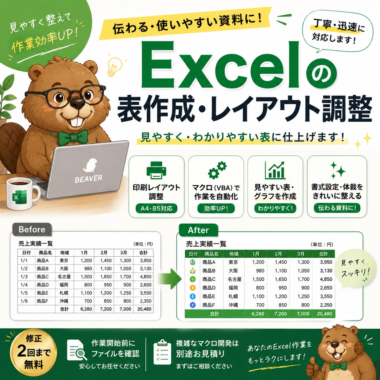 Excelの表作成・書式設定・調整を代行します 【マクロで効率化】Excelの面倒な集計・書式設定を自動化 イメージ1
