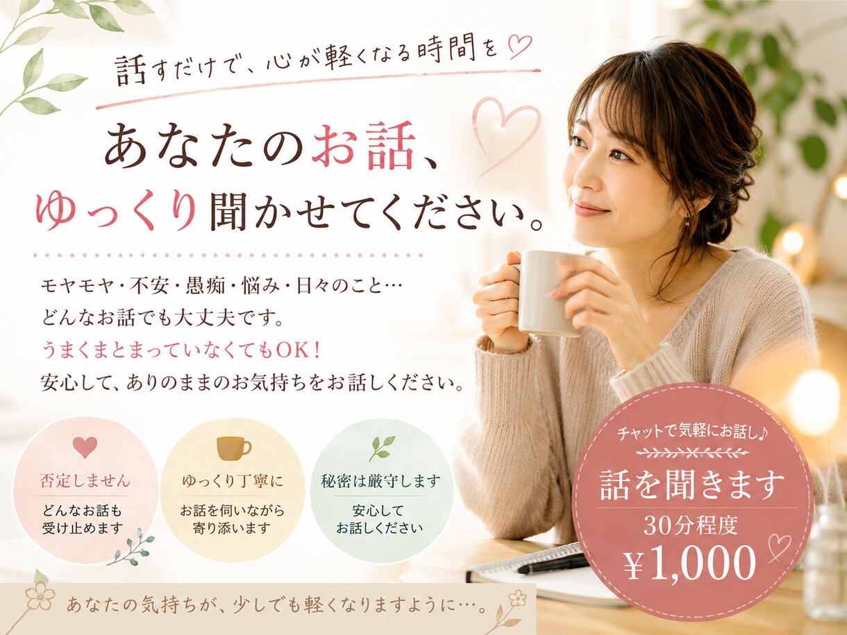あなたのお話しをゆっくり聞きます 話すだけでも心が軽くなる時間を一緒に イメージ1