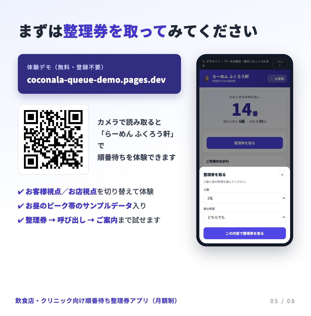 初期費用0円の順番待ちWeb整理券を提供します 初期費用0円・月額5,000円。行列をスマホ整理券に イメージ5