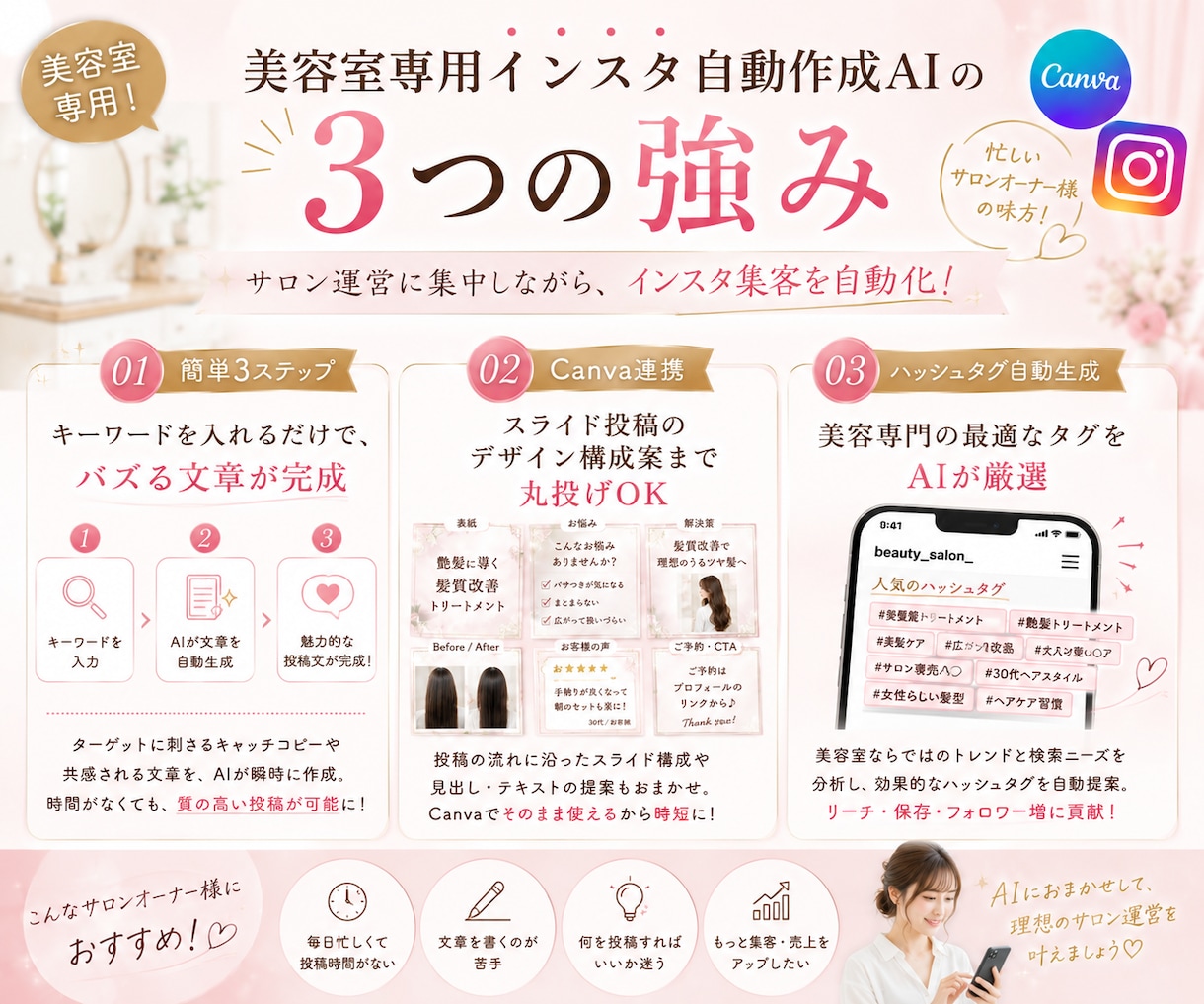 美容室オーナーへ！インスタ自動作成AIを提供します もう文章に悩まない！テーマでバズる本文＋画像構成が完成 イメージ2