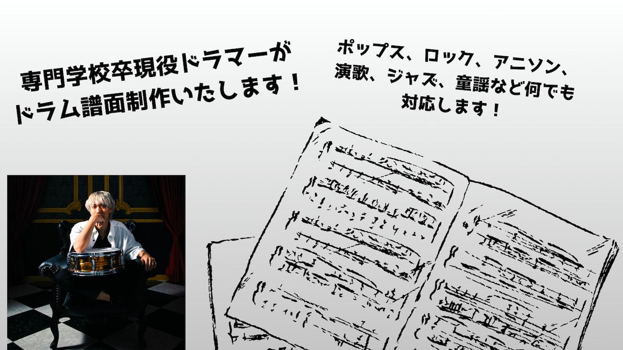 専門学校卒！耳コピドラム譜面制作します 叩いてみたにもおすすめ！新譜も可能！耳コピドラム譜面です！ イメージ1