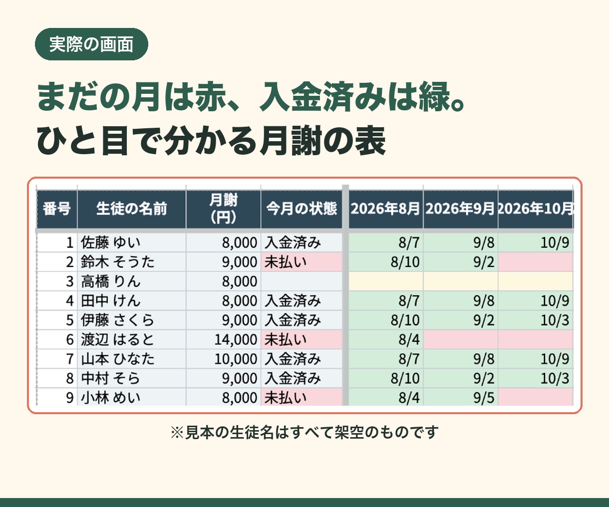 教室に合わせた月謝・出欠管理表を作ります 回数券・兄弟割にも対応。パソコンが苦手でも使えます イメージ2
