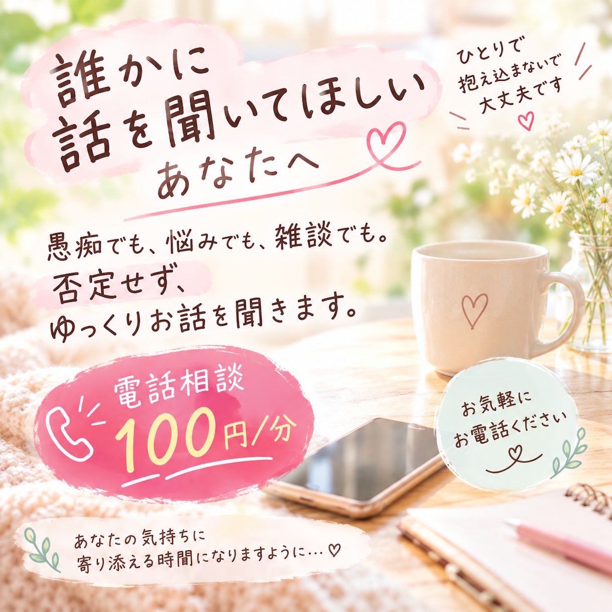誰にも言えない愚痴や悩みをゆっくり聞きます 否定しません。解決策より、まずあなたのお話を聞きます イメージ1