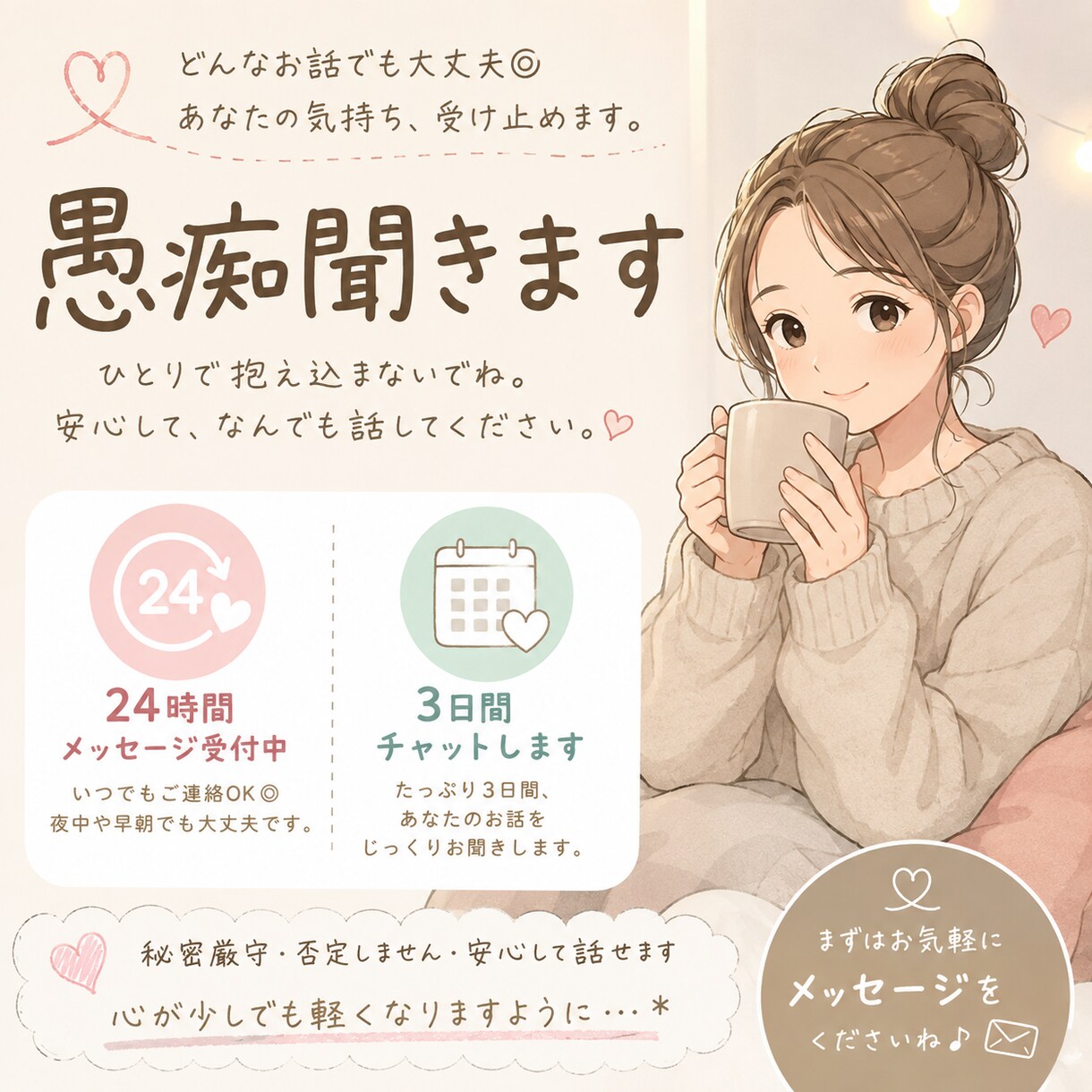 電話なし、チャットでゆっくり愚痴聞きます 3日間チャットでお話聞きます！できる限り返信いたします！ イメージ1
