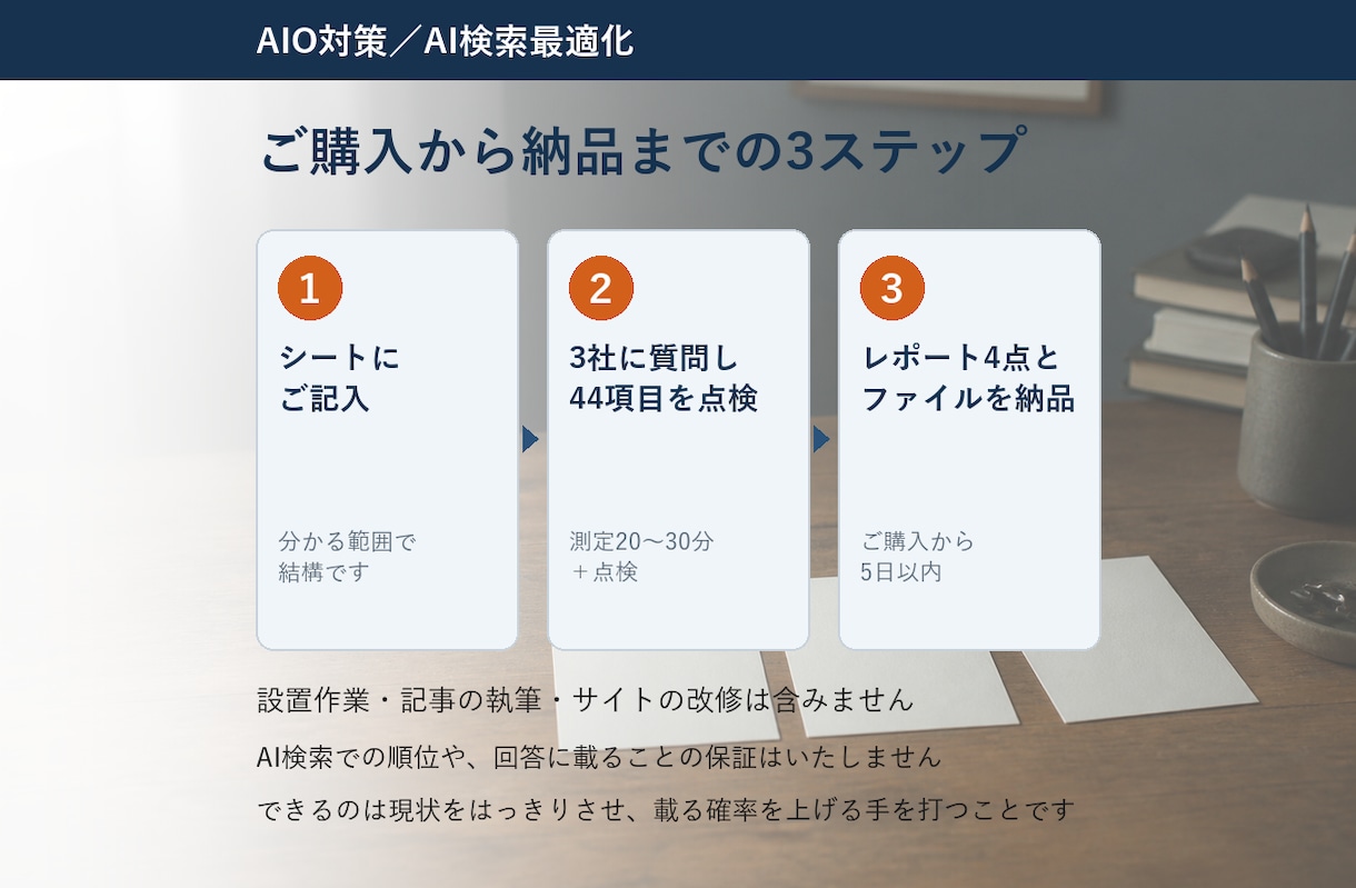AIO対策｜AI検索3社での見え方を診断します 診断で終わらせず、貼るだけのファイルまで納品 イメージ3