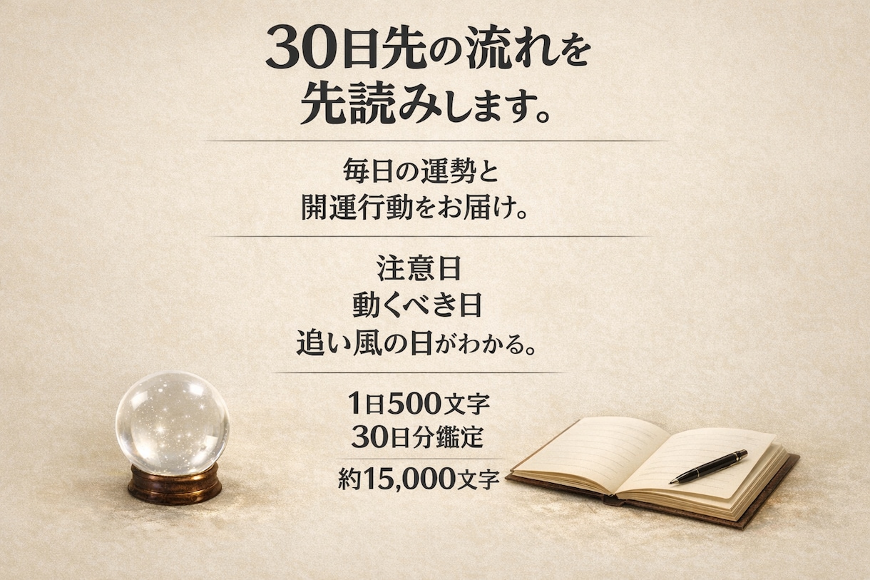 30日先を先読みし毎日の運勢と開運行動を届ます 1日ごとの追い風・注意日・動くべき瞬間までの運勢カレンダー イメージ2
