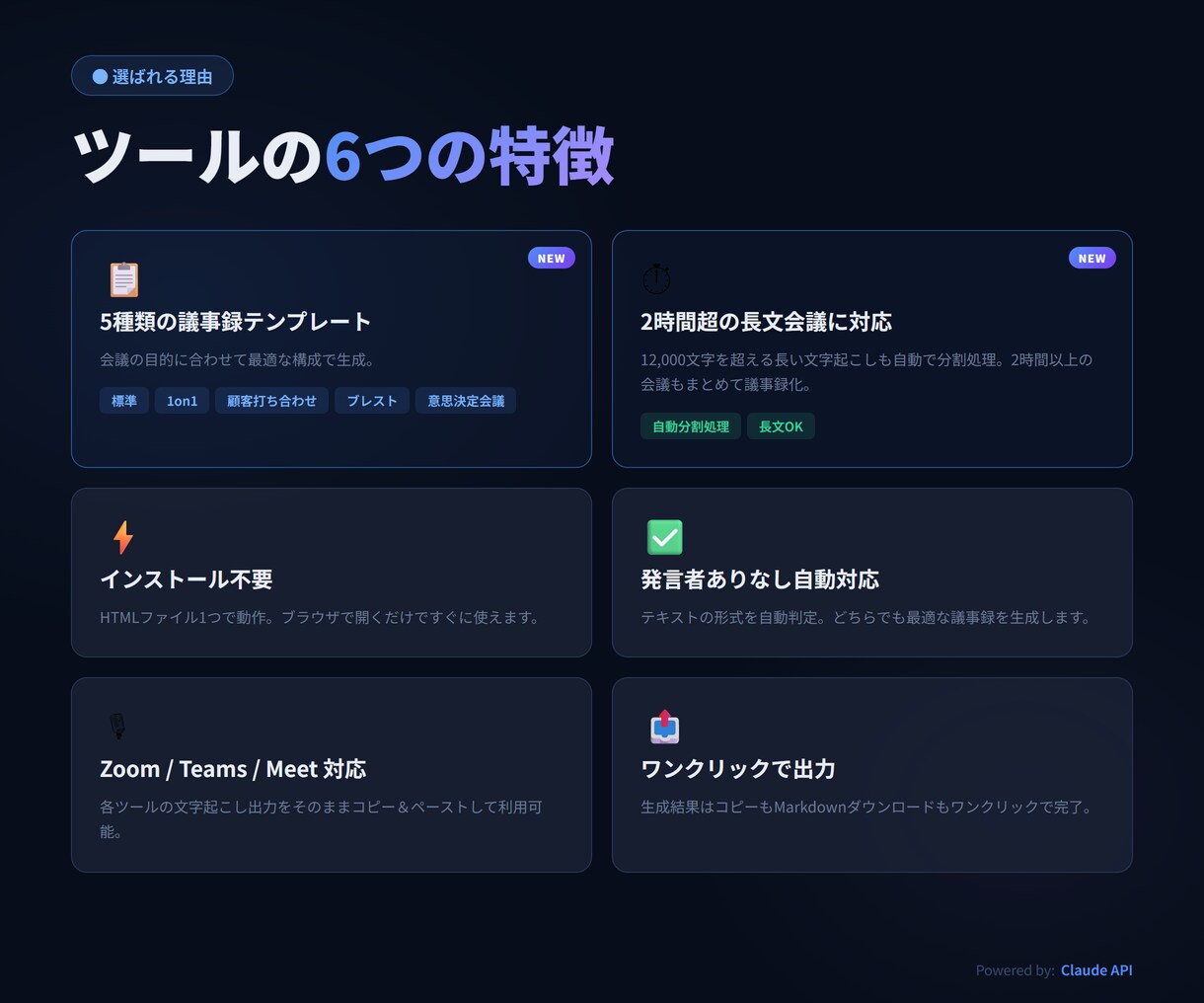 5種テンプレ×長文対応のAI議事録ツール提供します 貼って押すだけ。長文会議も1〜5分で議事録完成 イメージ4