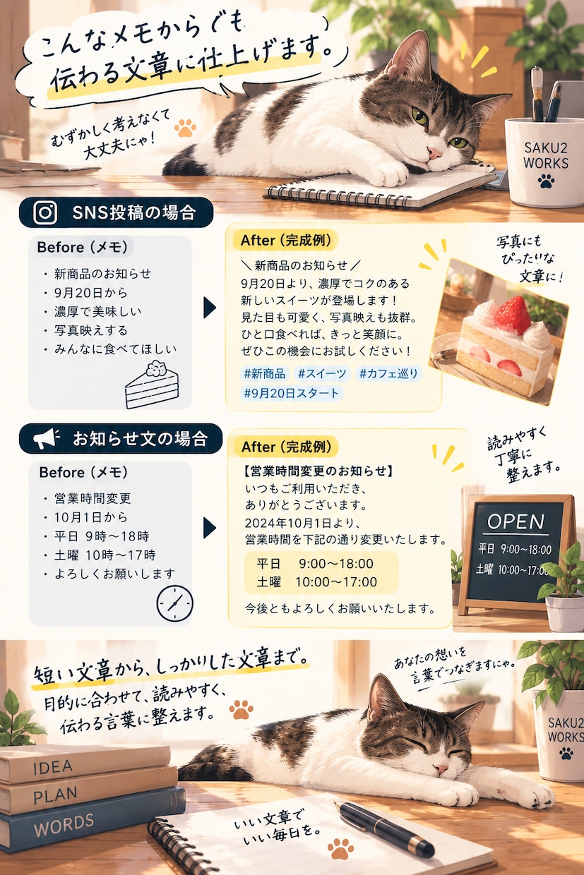 SNS・お知らせなどの文章を作ります 箇条書きからでも、伝わる文章にサクッと整えます イメージ2