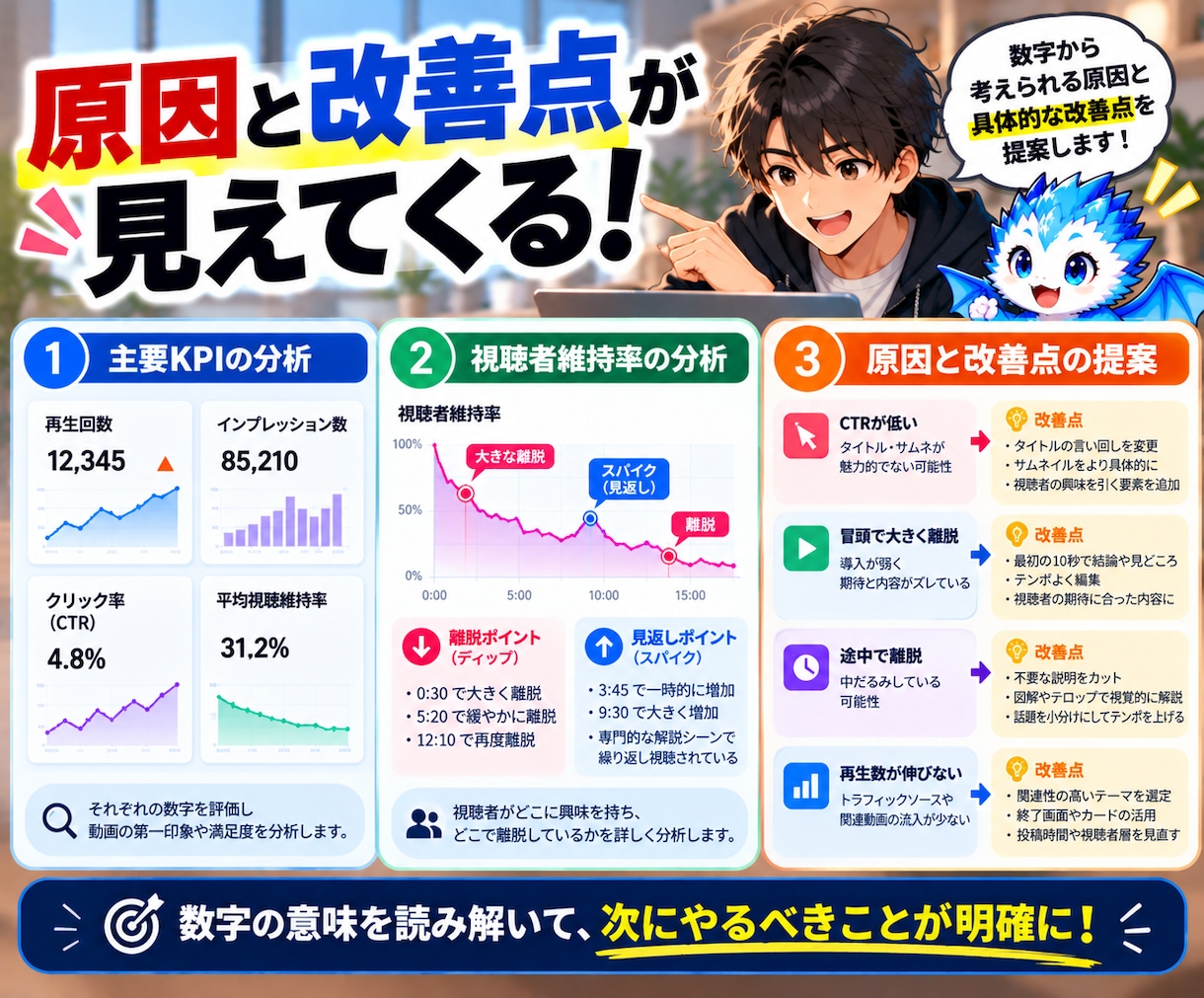 YouTubeのデータを分析するAIを提供します 再生数が伸びない原因を見つけ、もっと見られる動画へ イメージ6