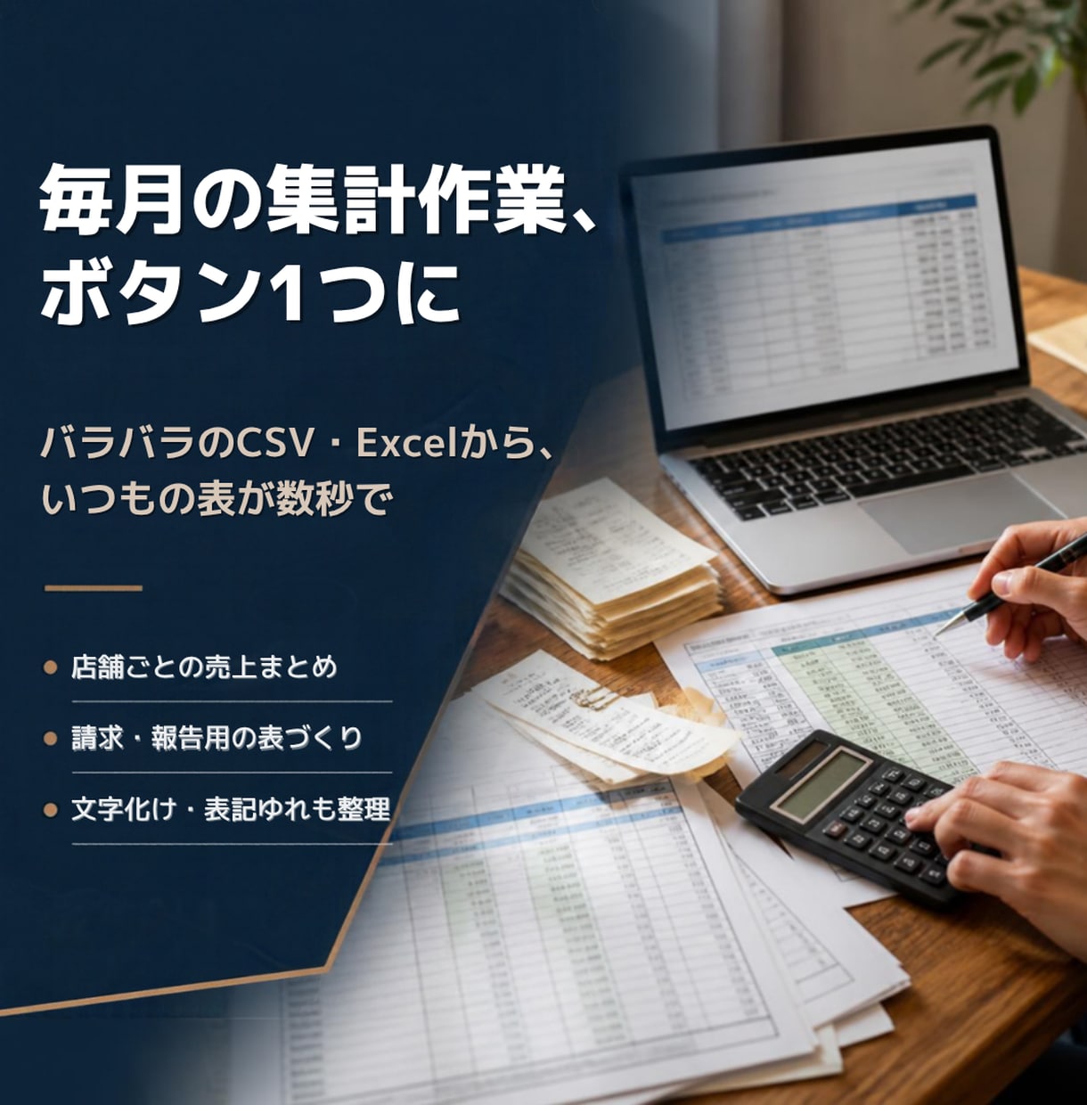 毎月の売上CSVのExcel集計を自動化します ファイルを入れてダブルクリックで、集計表が完成 イメージ1