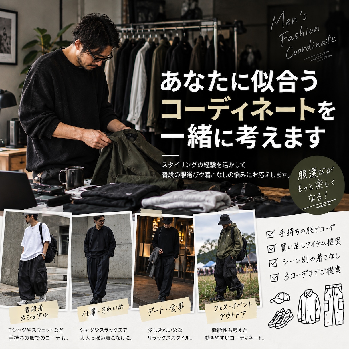 あなたに似合うコーデを一緒に考えます スタイリスト経験を活かし、手持ち服から買い足しまで提案します イメージ1