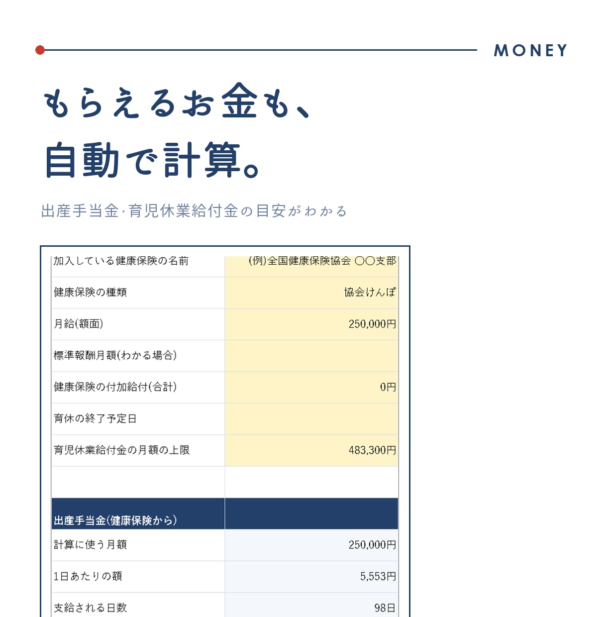 産休・育休の手続きチェックリストを提供します 出産予定日を入れるだけ。手続きの期限と給付金の目安がわかる！ イメージ2