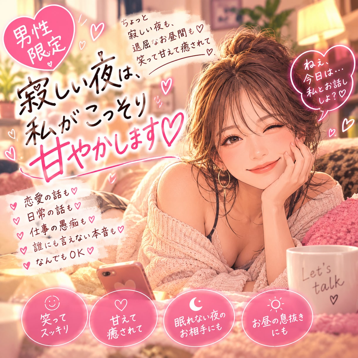 男性専用♡寂しい夜は、私がこっそり甘やかします ちょっと寂しい夜も、退屈なお昼間も♡笑って甘えて癒されて イメージ1