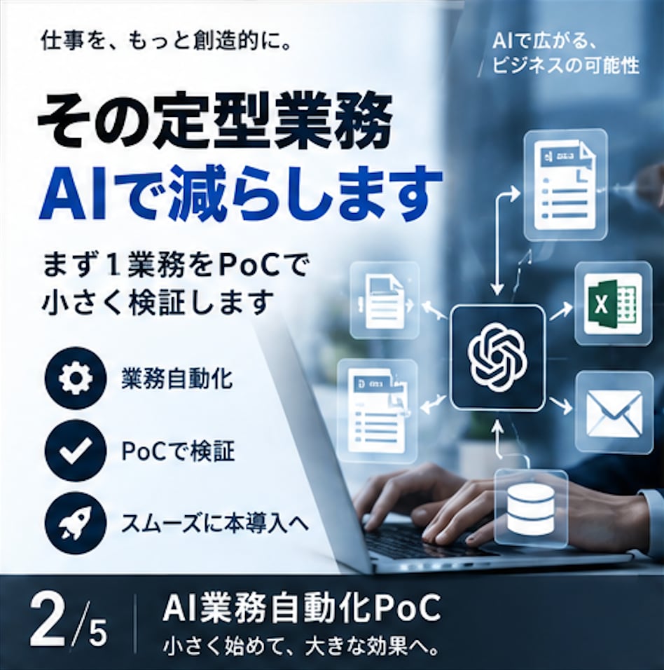 90分で「AIで減らせる仕事」を特定します 生成AI・業務自動化による削減効果と優先順位を診断します。 イメージ2