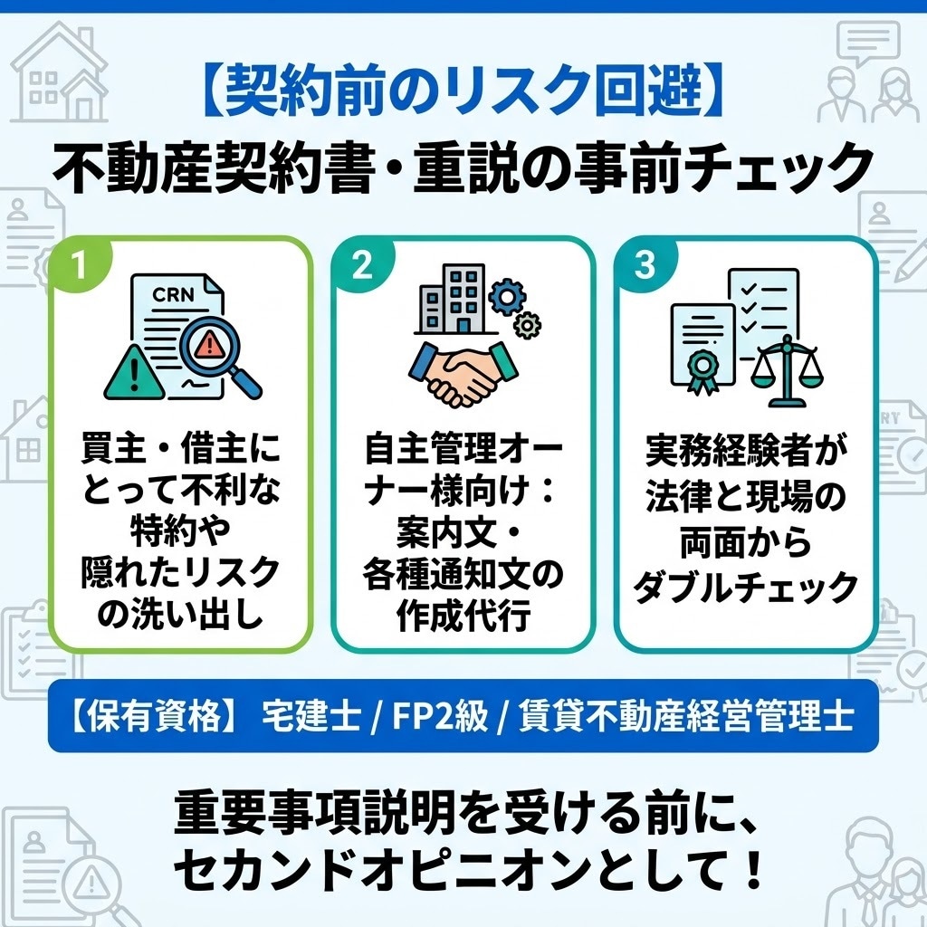 宅建士が不動産契約書・重説を事前チェックします ⁠契約前のリスクを事前回避！不動産のプロが内容精査 イメージ1