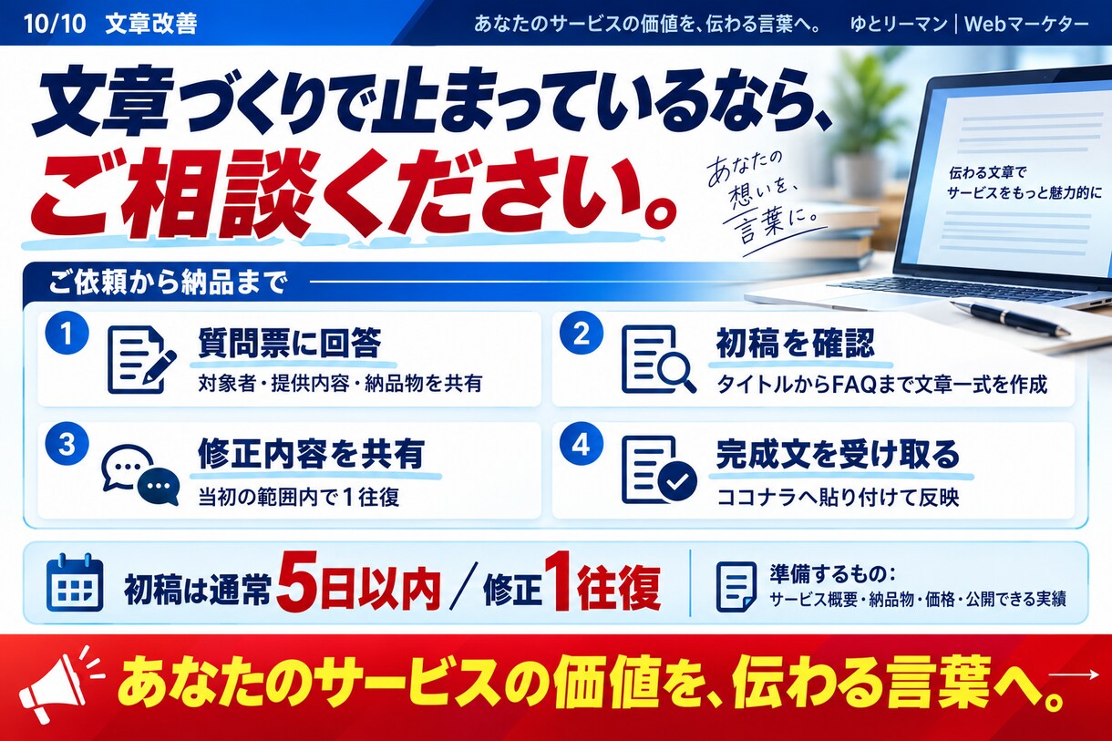 ココナラ出品ページの文章を改善します タイトルからFAQまで、貼るだけの完成文で納品します イメージ10