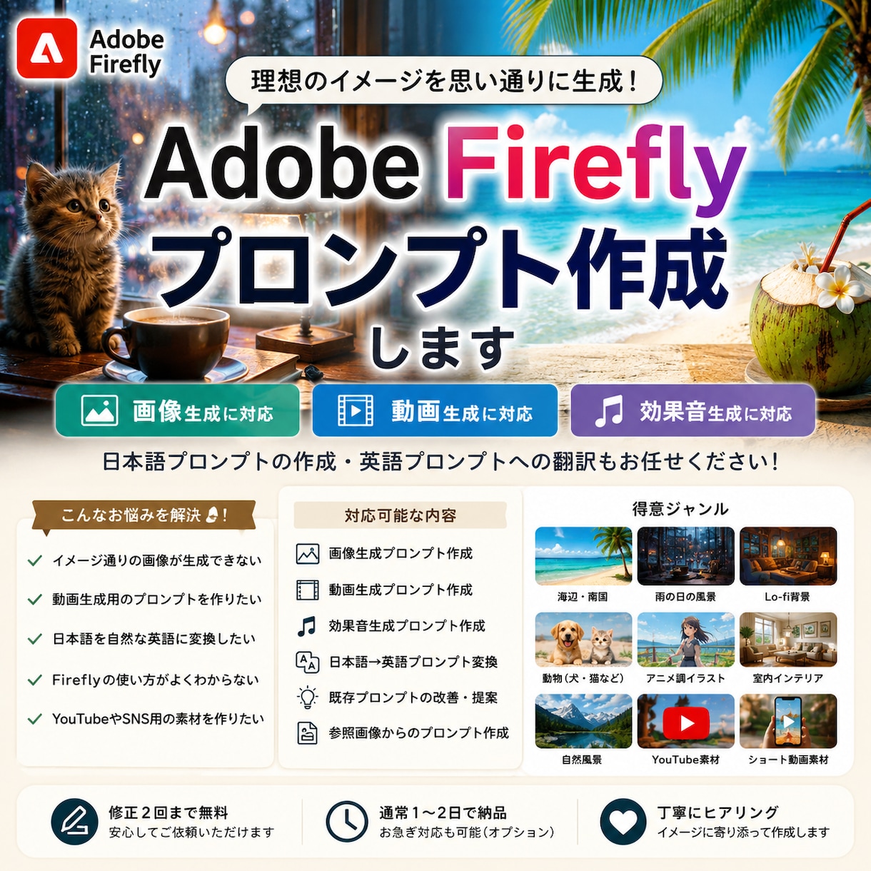 Adobe Firefly用プロンプトを作成します 画像・動画・効果音生成に対応！理想の作品作りをサポートします イメージ1