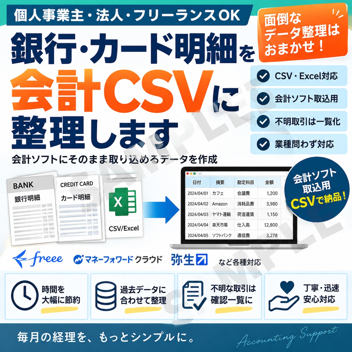 銀行・カード明細を会計CSVに整理します 個人事業主・法人向け｜会計ソフト取込用データを作成 イメージ1