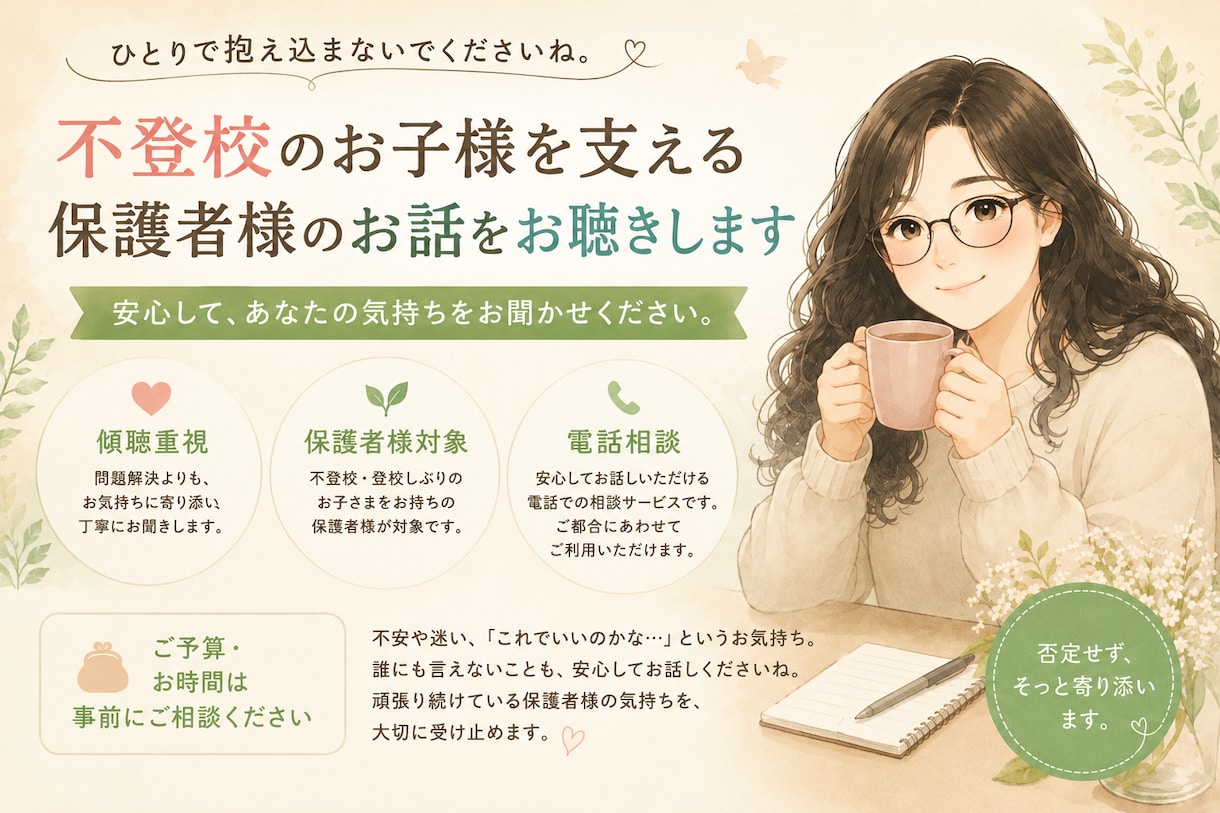 不登校のお子様を支える保護者様のお話をお聴きします ひとりで抱え込まず、安心してお話しください。 イメージ1