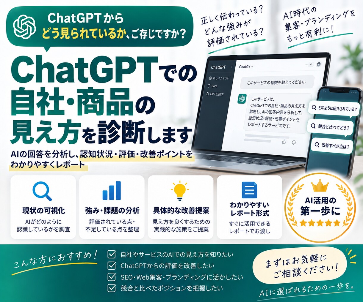 ChatGPTでの自社・商品の見え方を診断します LLMO・AIO診断｜誤情報や競合との差も報告します イメージ1