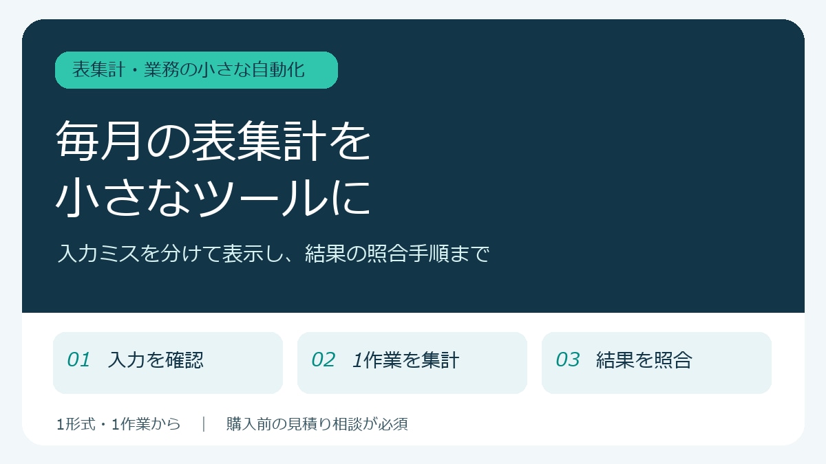 毎月の表集計を小さなツールにします 入力ミスを分けて表示し、結果の照合手順も付けます イメージ1
