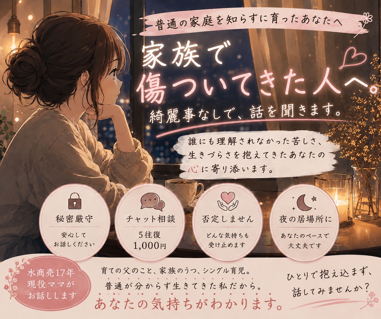 家族に傷付いてきた方の味方になります 普通の家庭を知らずに育った私だから、あなたの苦しさを聞けます イメージ1