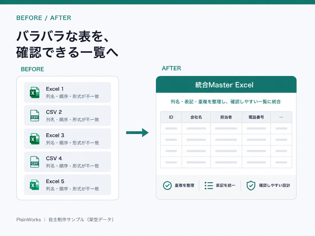 複数のExcel・CSVを1つにまとめて整理します 重複・表記ゆれも確認し、使いやすいデータに整えます イメージ2