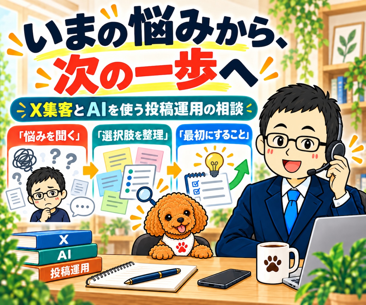 X集客・AI自動投稿の悩みを電話で整理します プロフィール・投稿企画・運用設計を目的に合わせて相談 イメージ4