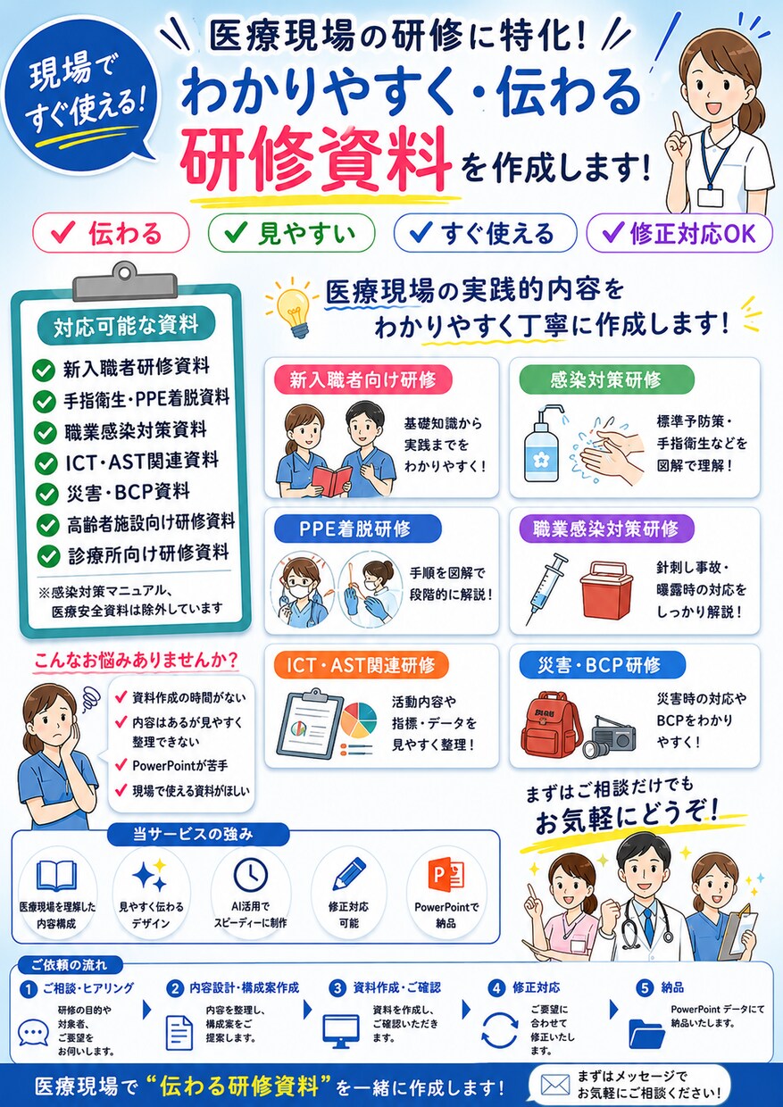 感染対策研修資料を現役感染管理看護師が作成します 医療、介護の現場に特化した、わかりやすい資料を作成します イメージ1