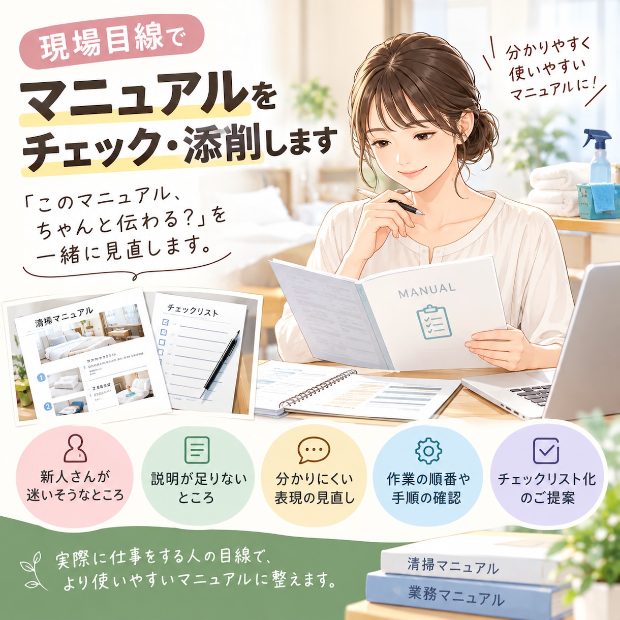 現場目線でマニュアルをチェック・添削します 「このマニュアル、ちゃんと伝わる？」を一緒に見直します。 イメージ1
