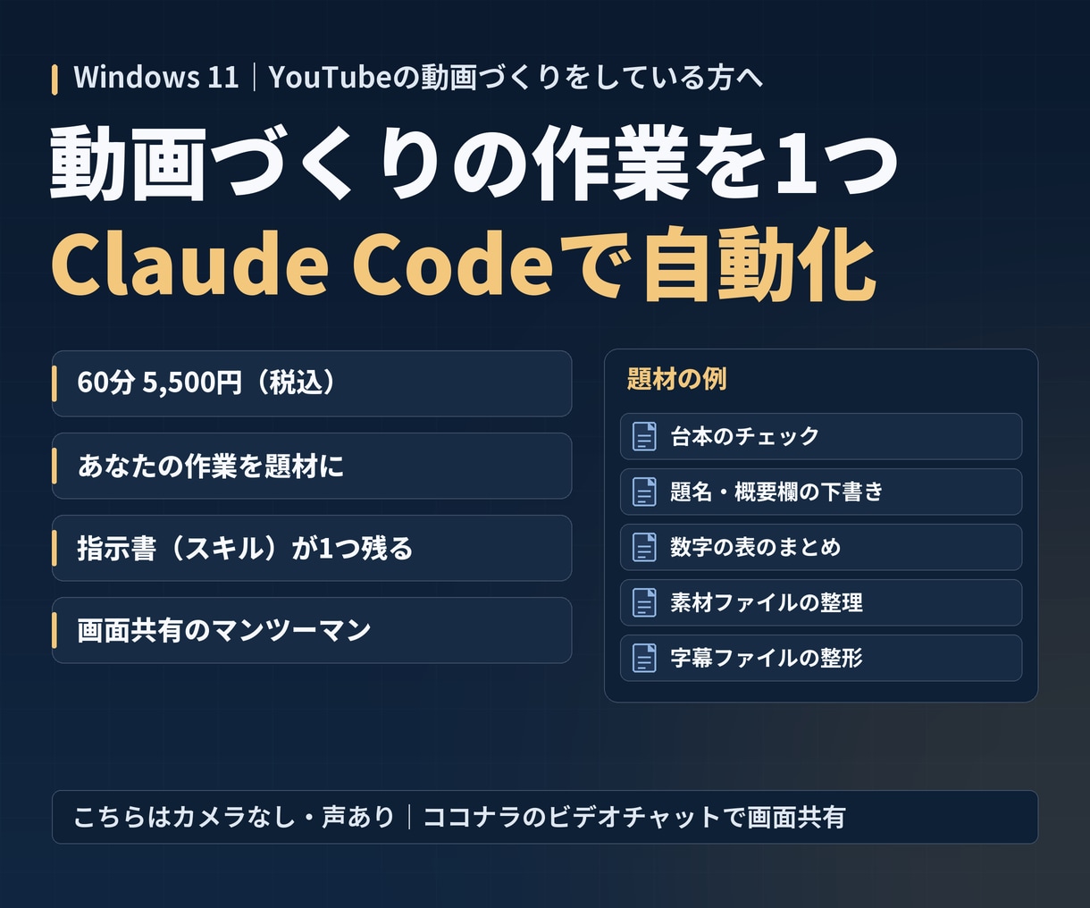 ClaudeCodeで動画の作業を1つ自動化します 60分の個別レッスン｜作った指示書がPCに残ります イメージ1