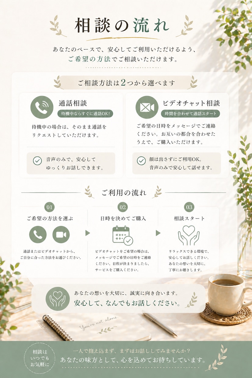 悩み相談・愚痴聞き、丁寧に電話で承ります やさしい声の電話相談で、心が軽くなる寄り添い時間をあなたに イメージ5