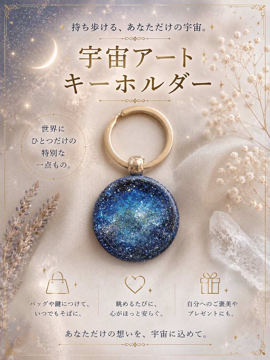世界にひとつだけの宇宙アートキーホルダー制作ます 好きな色や想いを、世界にひとつだけの宇宙アートに。 イメージ1