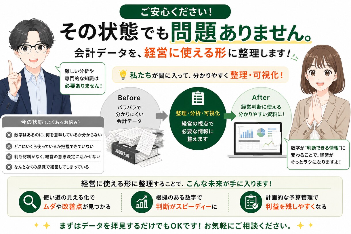 会計データを経営に使える形にします 勘定科目ごとに細かく内容が見えるから、適切な経営判断が可能！ イメージ4